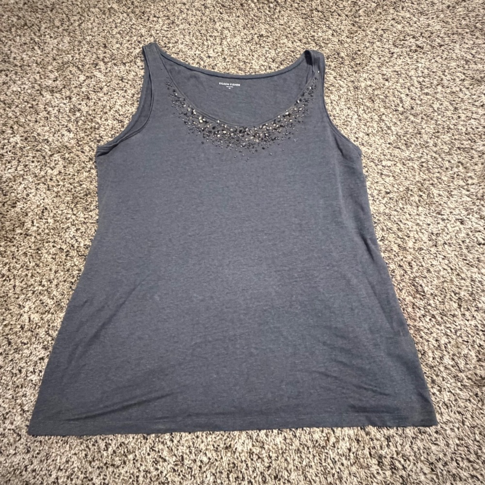 Eileen Fisher Womens Gray 100% Linen Beaded Scoop Neck Tank Top Size Medium